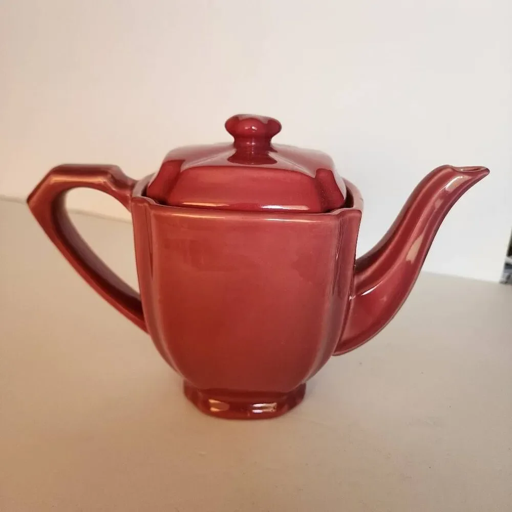 Vintage Hall China Square T-Ball Burgundy Ceramic Art Deco Cubic Design Tea Pot